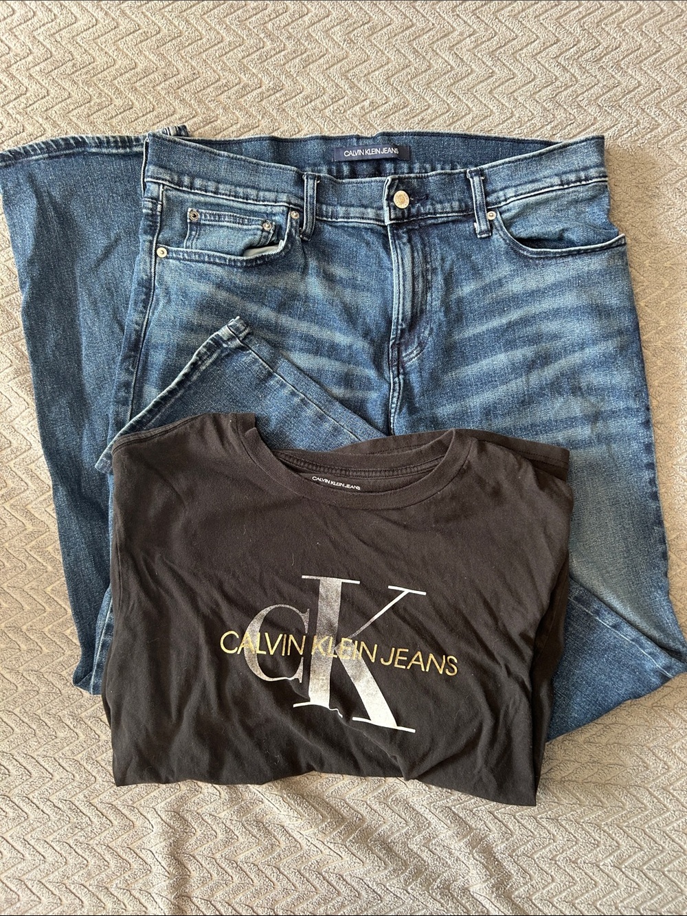 Calvin Klein Jeans Black Logo Tee with Blue Denim Jeans